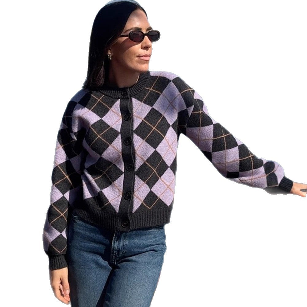 Ladies Argyle Cardigan with Boxy Silhouette and Large Button Placket Mune Fashion