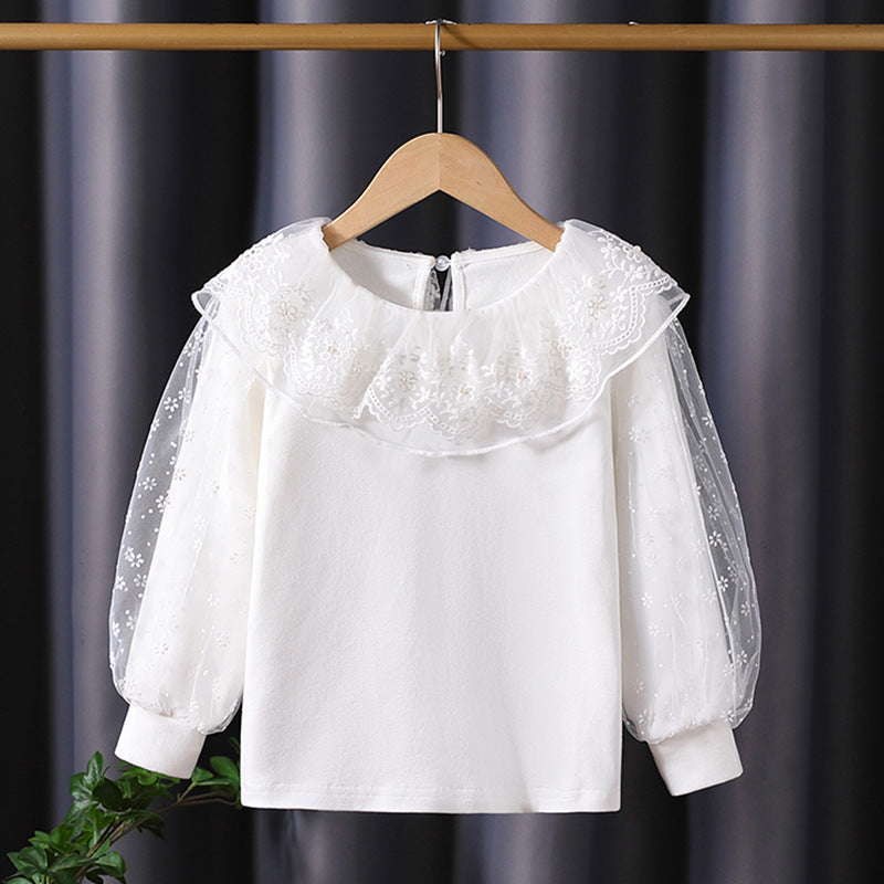 Girls blouse with floral tulle collar and elegant puff sleeves Mune Fashion
