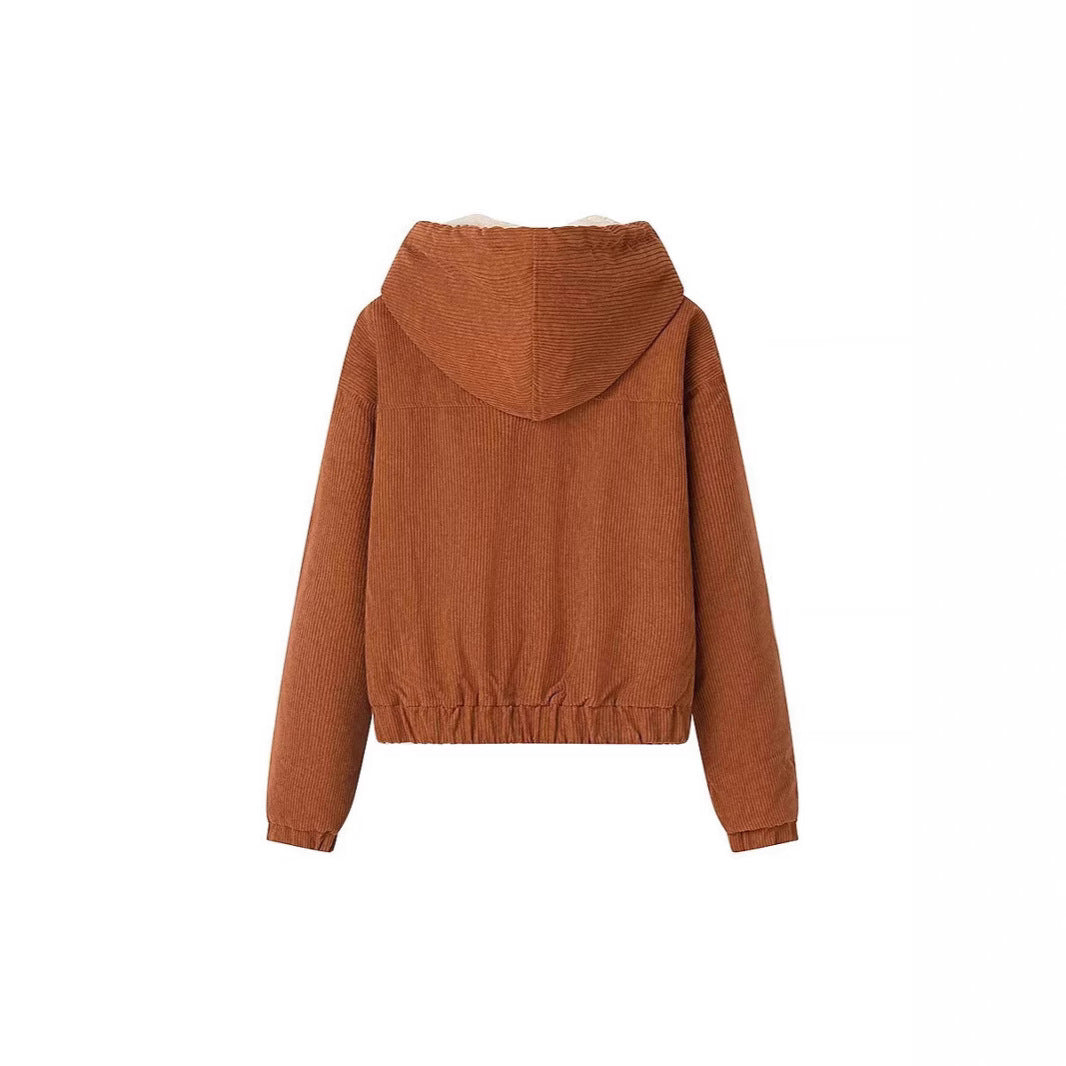Women's short cord jacket with hood, teddy lining and full zip Mune Fashion