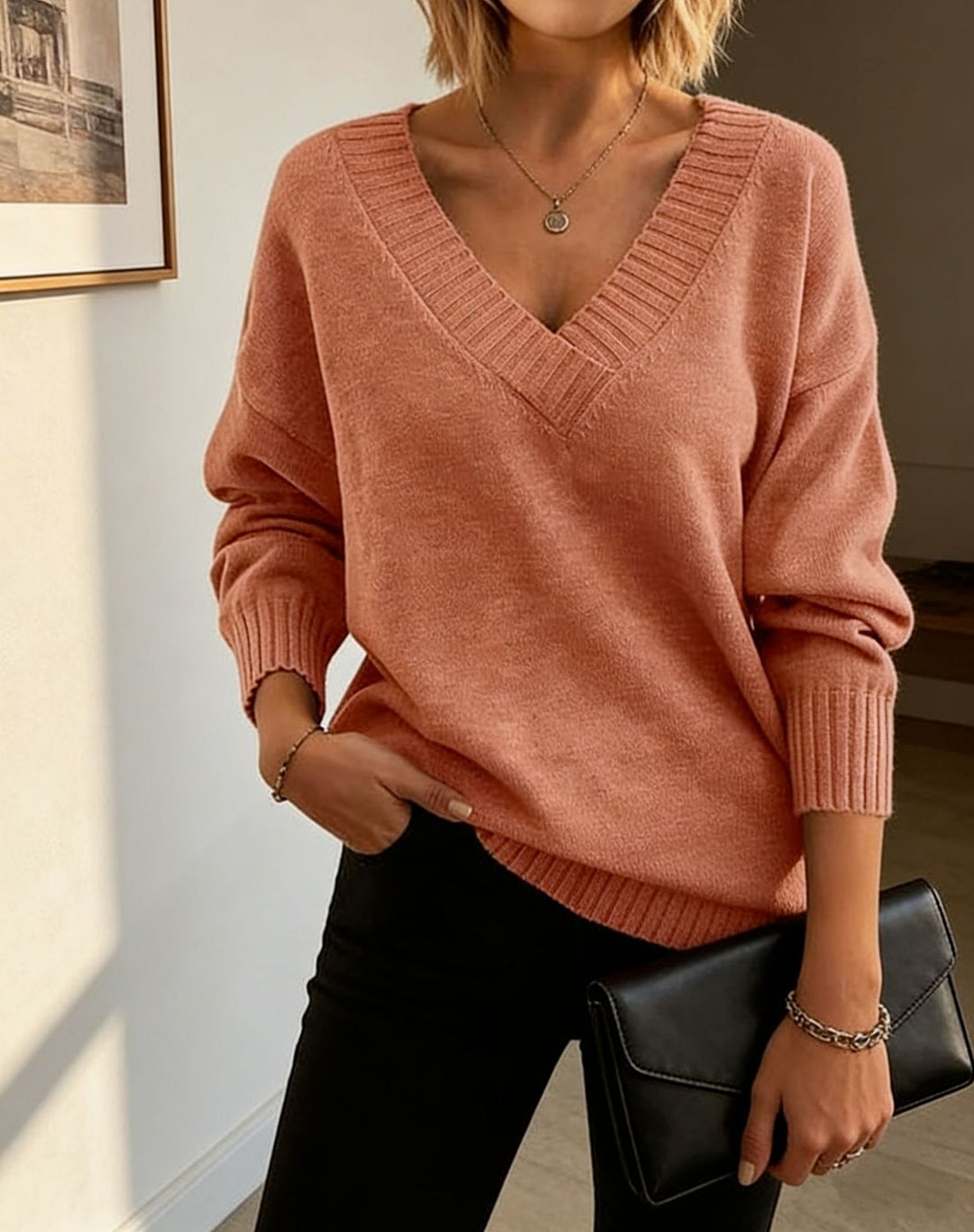 Women's fine knit sweater with deep V-neck and dropped shoulder Mune Fashion