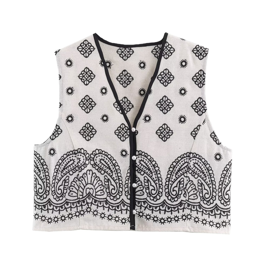 Women's sleeveless embroidered vest with paisley motif and pearl button placket Mune Fashion
