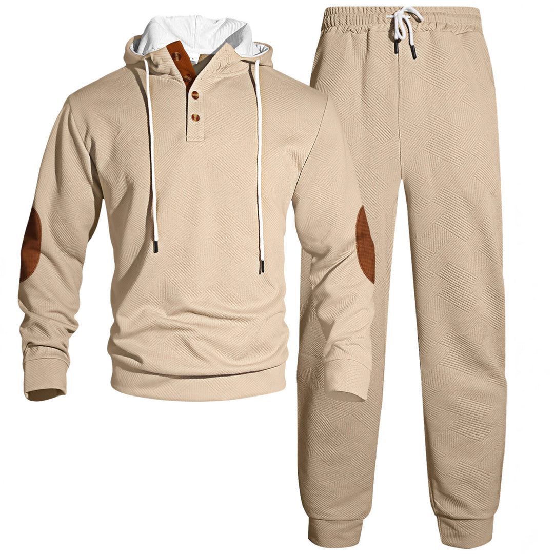Men's waffle structure Henley hoodie set with wooden button placket elbow patches and tapered joggers Mune Fashion