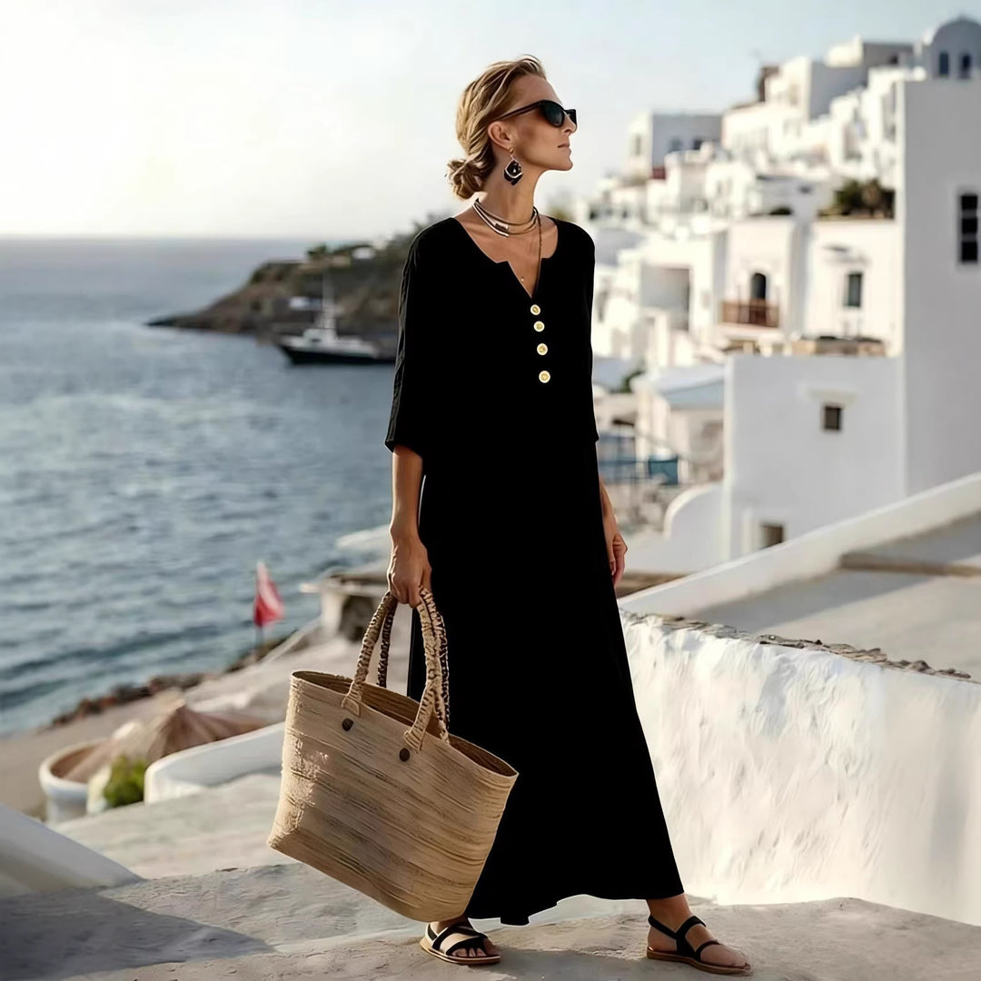Women's Relaxed V-Neck Button-Front Maxi Caftan Dress Mune Fashion