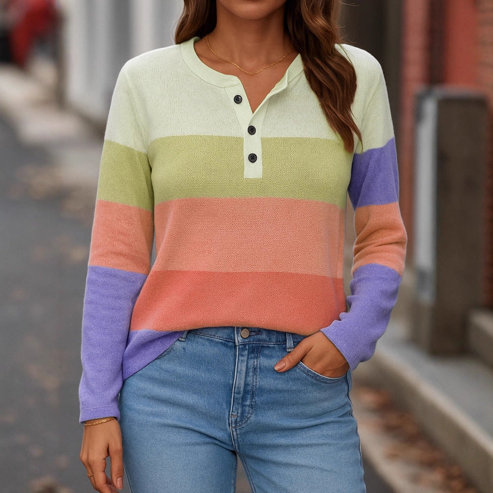 Women's Striped Fine Knit Sweater with Henley Button Placket Mune Fashion