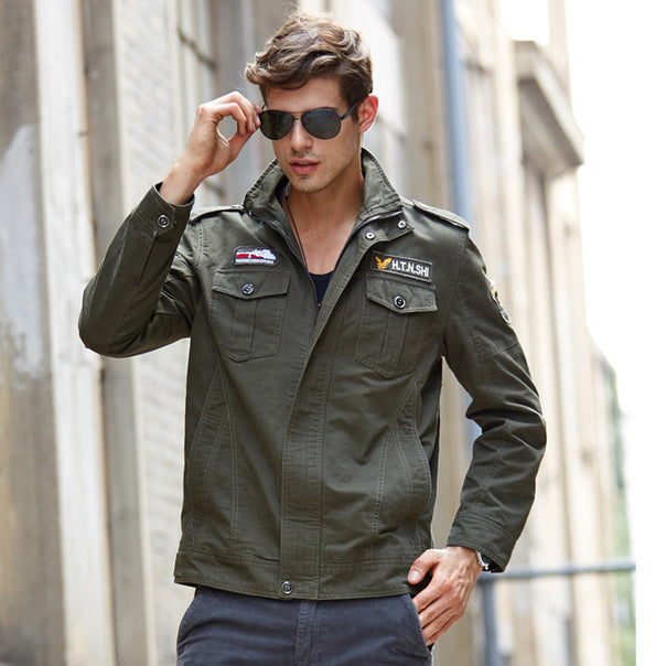 Men's military-inspired canvas field jacket with epaulettes, embroidered patches, and concealed two-way zipper Mune Fashion