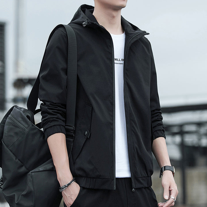 Men's Lightweight Hooded Windbreaker in Urban Minimal Style with Concealed Zipper and Elastic Cuffs.