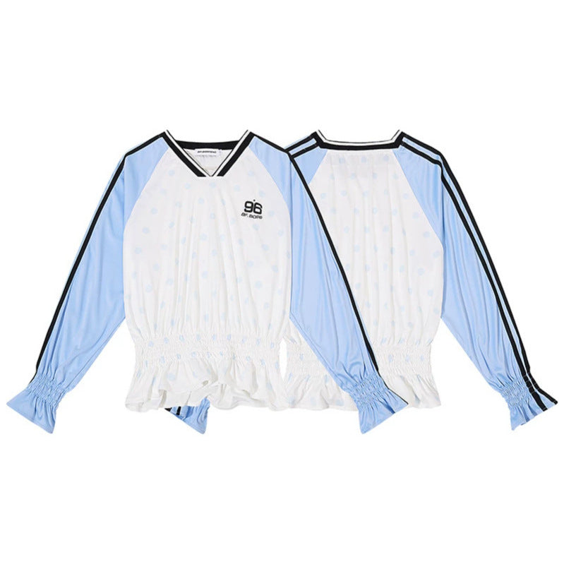 Women's Sporty Long Sleeve Shirt with Raglan Sleeves, Smocked Waistband and V-Neck Dress