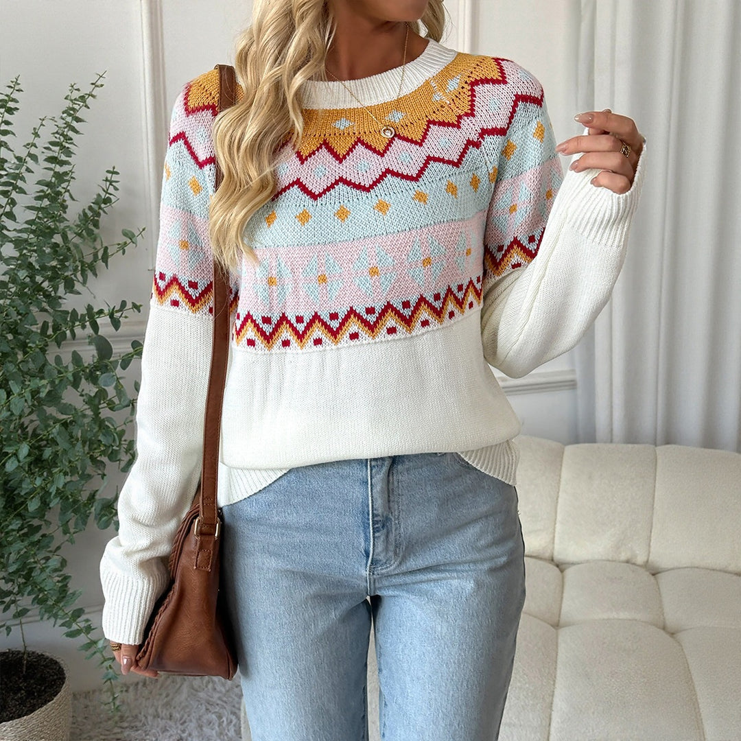 Women's Fair-Isle Knit Sweater with Round Neck, Long Sleeve & Relaxed Fit Mune Fashion