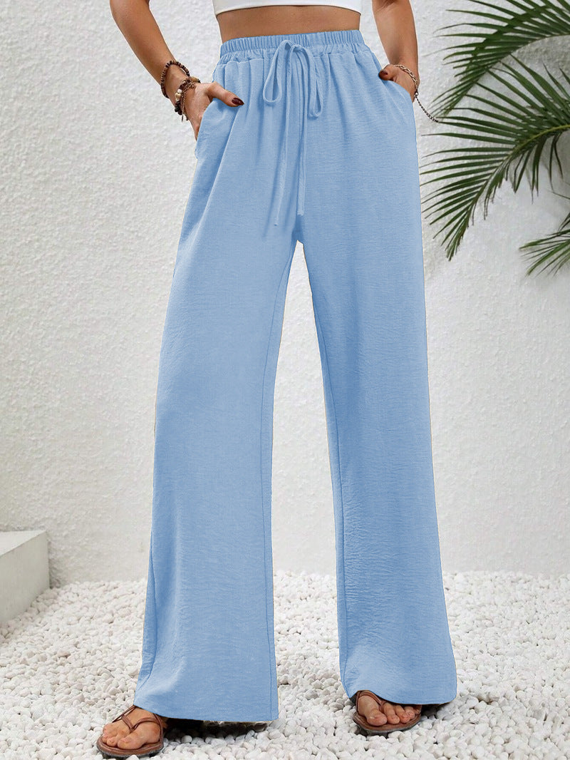 Women Wide Palazzo Pants with High Elastic Waistband, Drawstring and Side Pockets Mune Fashion
