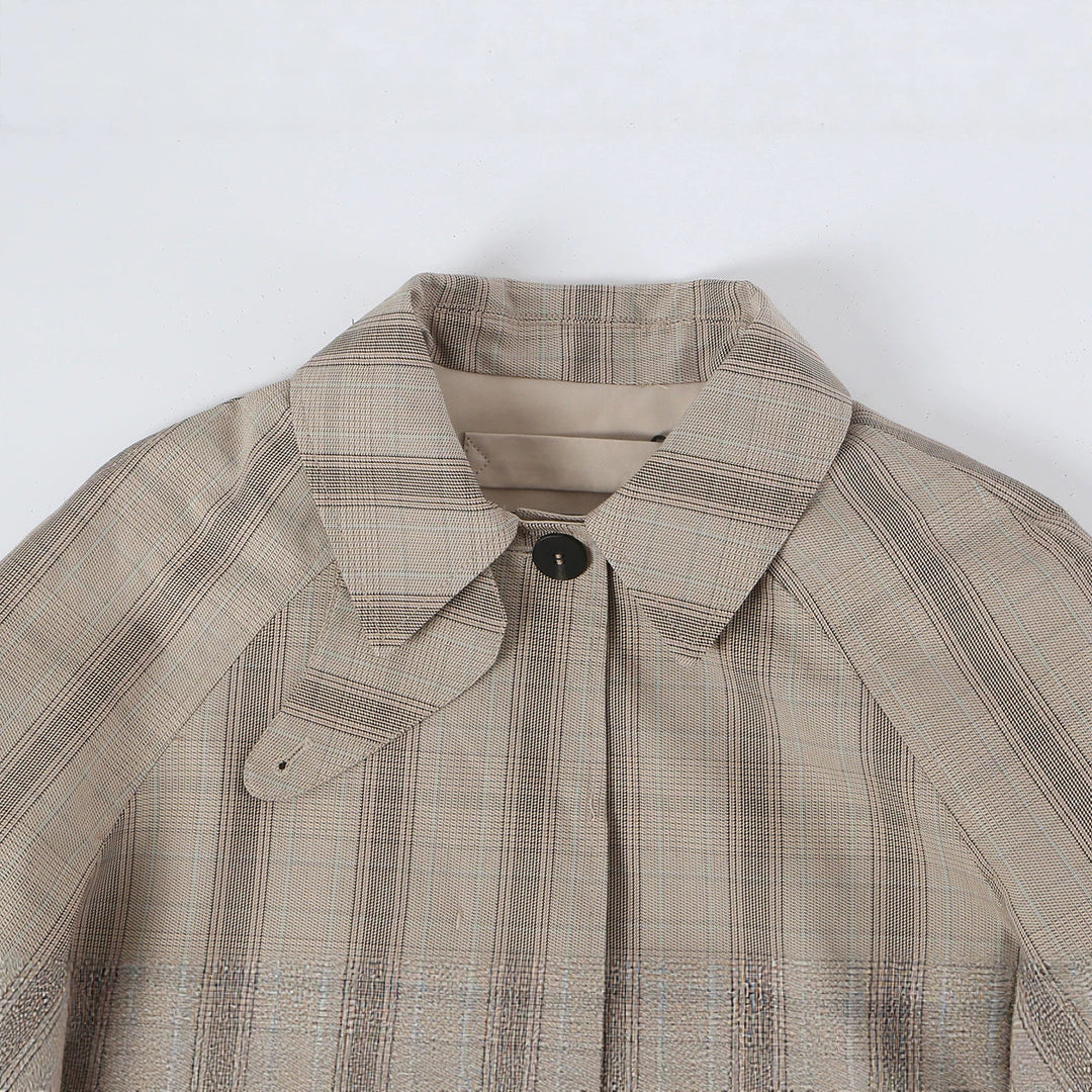 Women's Mid-Length Check Coat with Concealed Button Placket and Raglan Sleeves Mune Fashion
