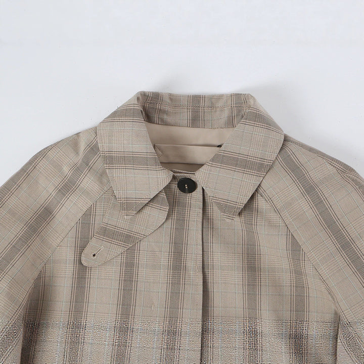 Women's Mid-Length Check Coat with Concealed Button Placket and Raglan Sleeves Mune Fashion