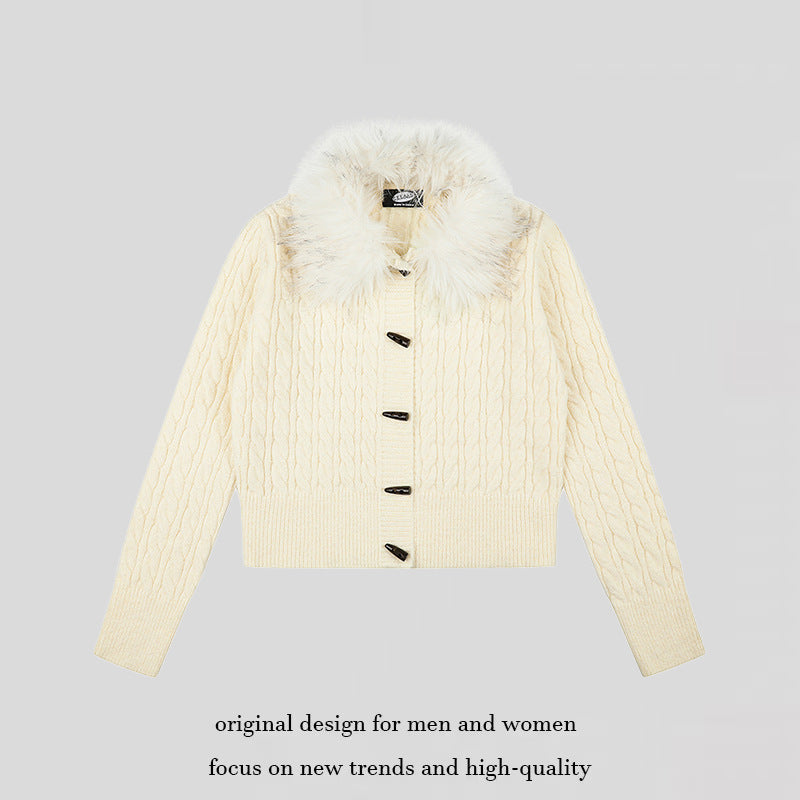 Women's Short Cable Knit Cardigan with Removable Faux Fur Collar and Toggle Button Closure Mune Fashion