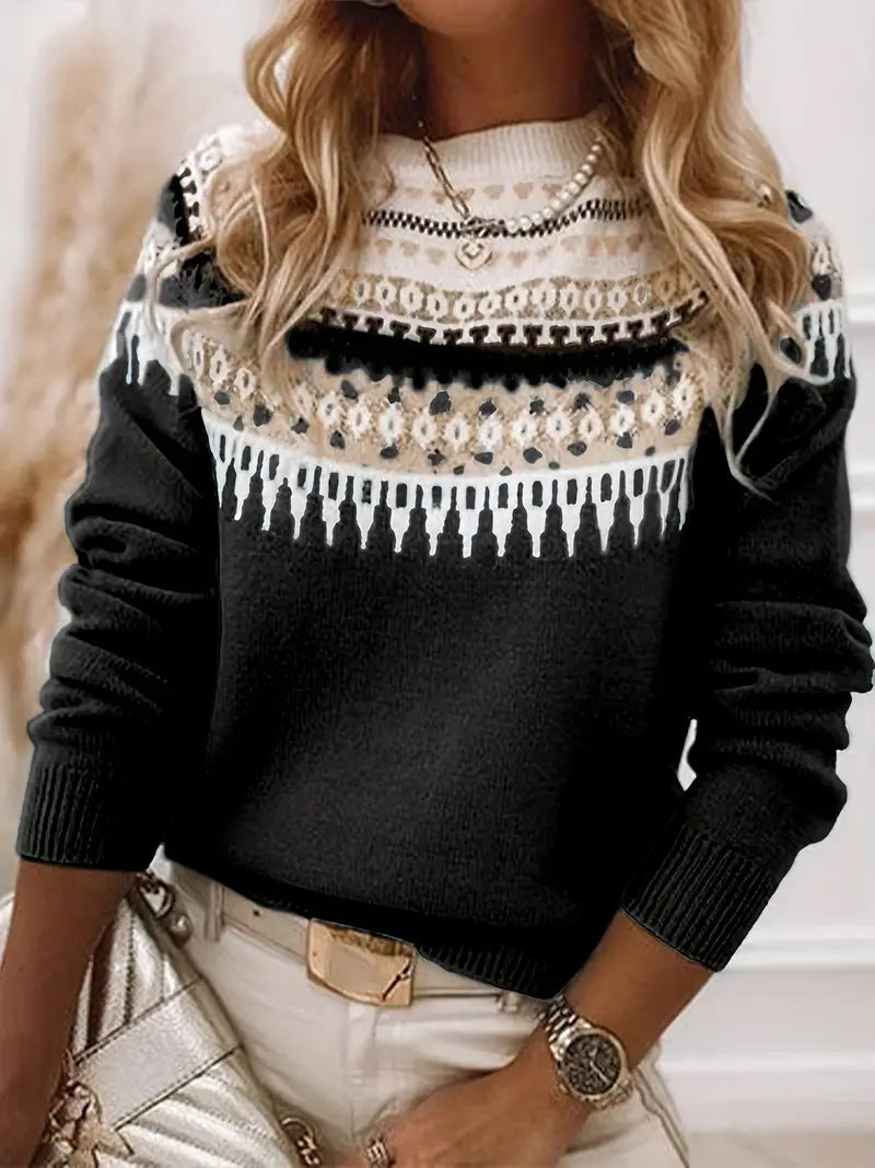 Women's Norwegian sweater made of wool blend with round neck and traditional Fair Isle yoke Mune Fashion