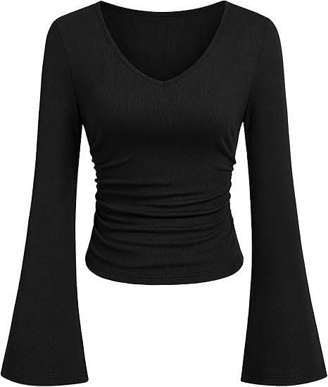 Women's Ribbed Crop Top with V-Neck, Tailored Gathering and Flared Trumpet Sleeves Mune Fashion