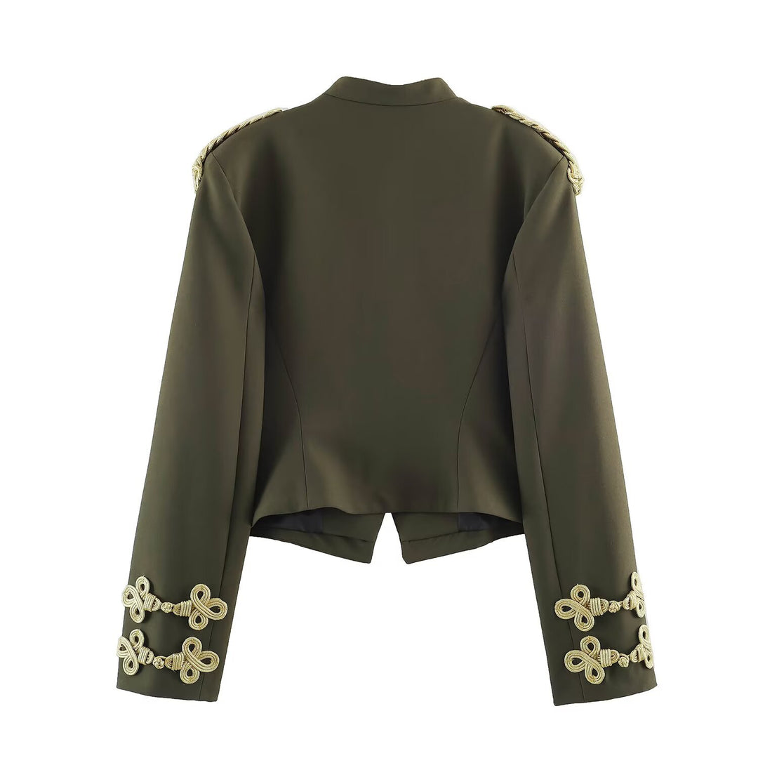 Women's Short Military Blazer with Stand Collar, Gold-Embellished Epaulettes and Decorative Knots Drune