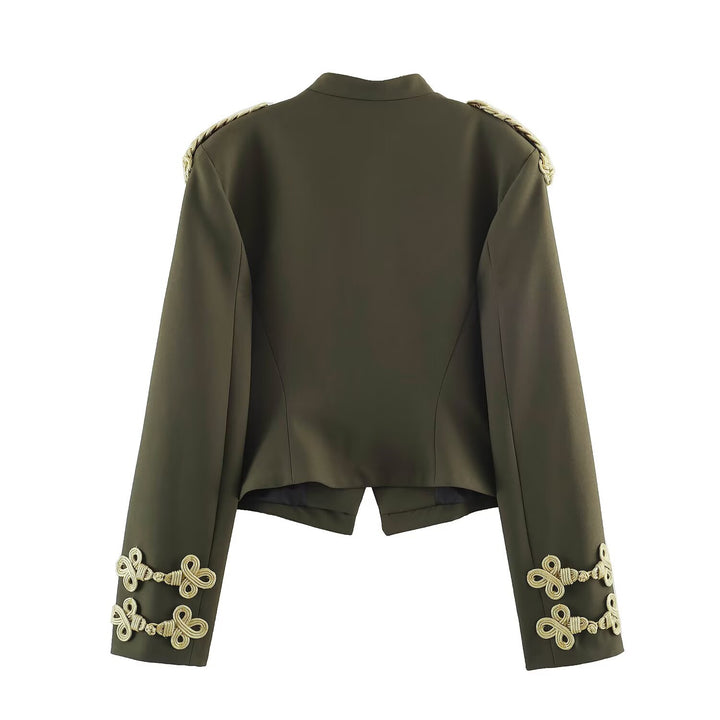 Women's Short Military Blazer with Stand Collar, Gold-Embellished Epaulettes and Decorative Knots Drune