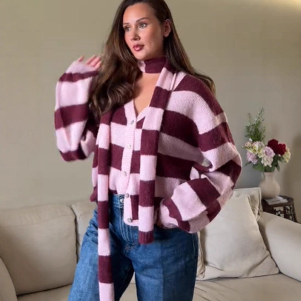 Women's Oversized Knit Cardigan Set with Block Stripes, Button Placket and Matching Scarf Mune Fashion
