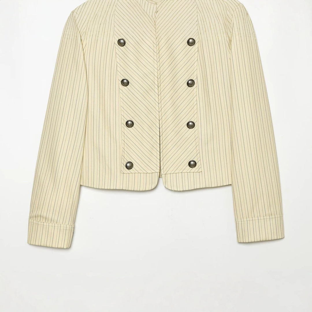 Ladies Short Double-Breasted Military Jacket with Stand-up Collar and Epaulettes Mune Fashion