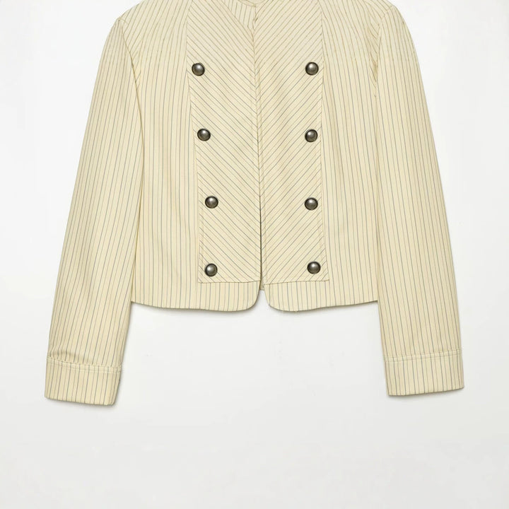 Ladies Short Double-Breasted Military Jacket with Stand-up Collar and Epaulettes Mune Fashion