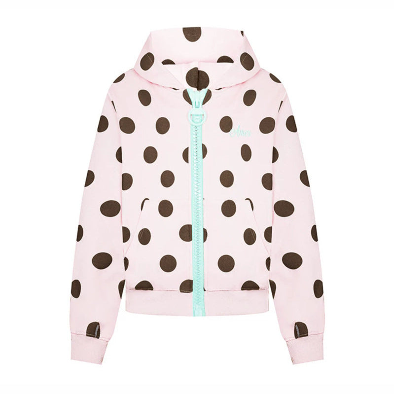 Women's cropped hooded zip jacket with large polka dot pattern and decorative zipper Mune Fashion