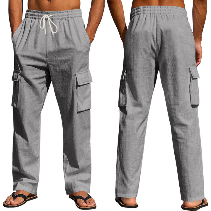 Men's loose linen cargo pants with elastic drawstring waistband and patch flap pockets Mune Fashion