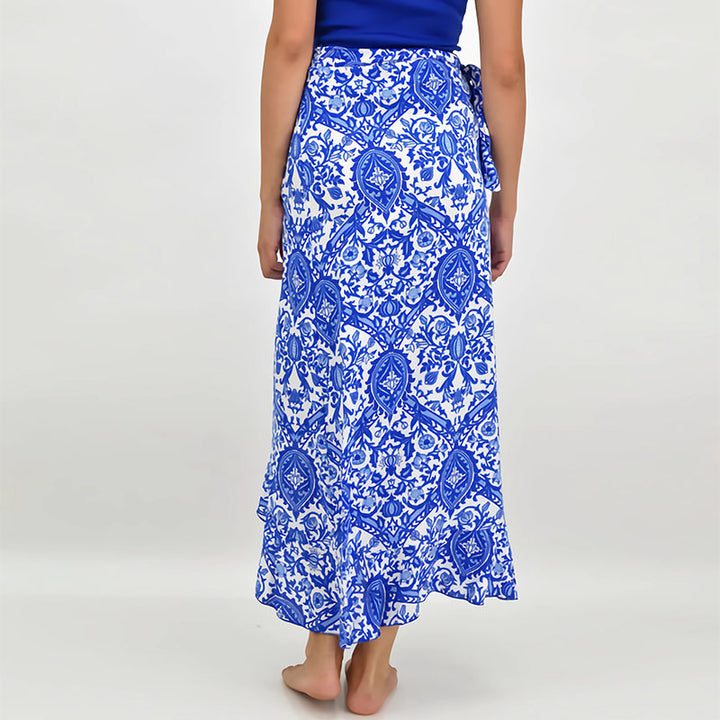 Women's wrap midi skirt with ornamental print, tie belt & ruffled hem Mune Fashion