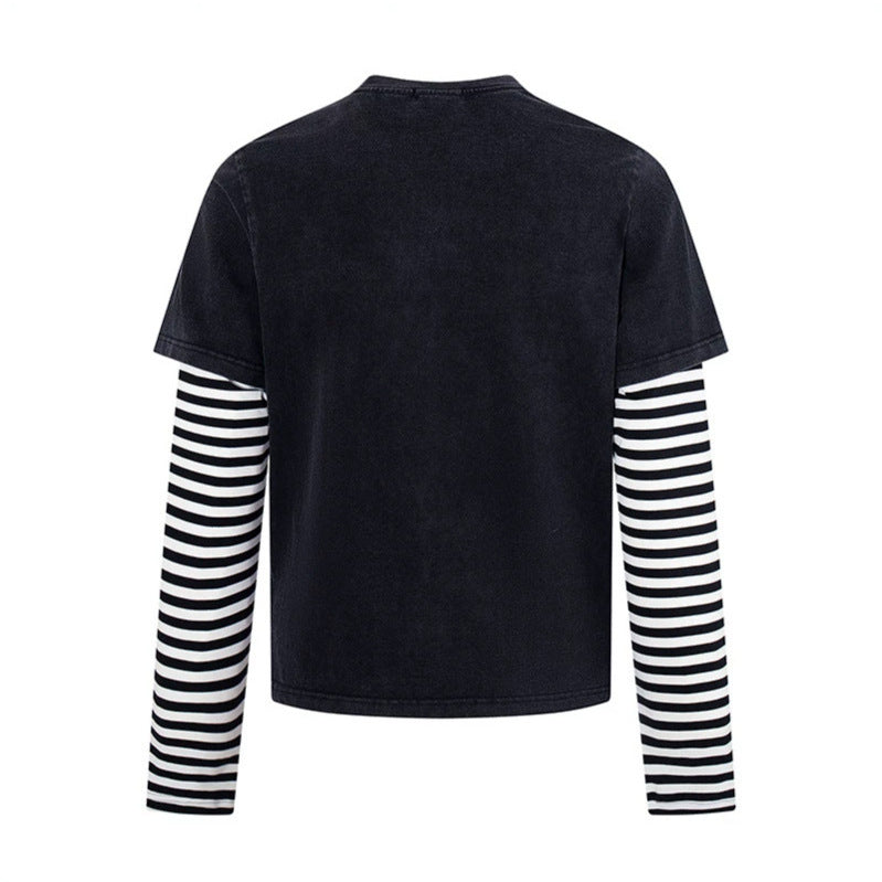 Women's Layered Long Sleeve Shirt with Striped Under Sleeves and Vintage Angel Print Mune Fashion