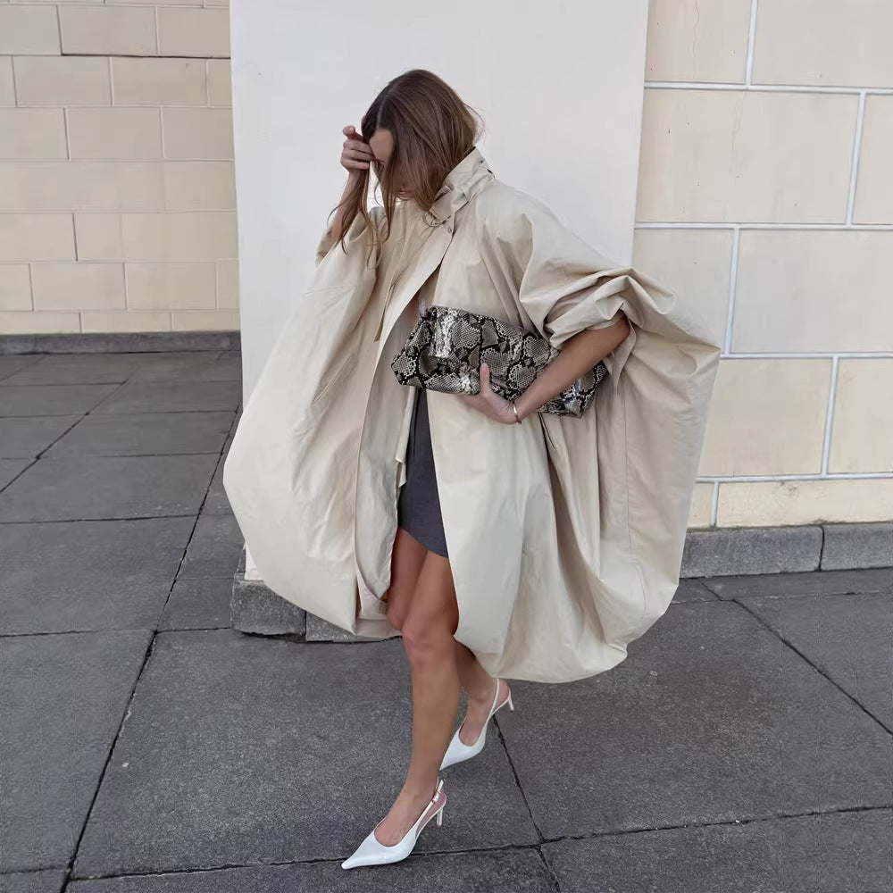 Women's Oversize Cape Coat with Stand-up Collar and Balloon-shaped Silhouette Mune Fashion