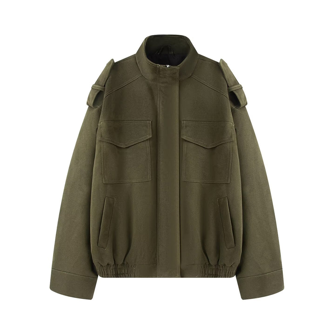 Ladies wool blend blouson with shoulder epaulettes, patch breast pockets and elastic hem Mune Fashion