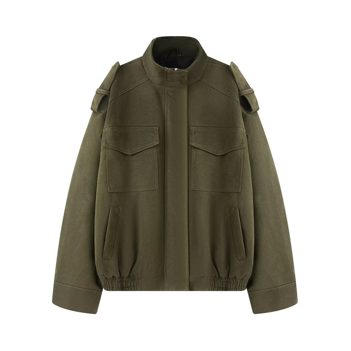 Ladies wool blend blouson with shoulder epaulettes, patch breast pockets and elastic hem Mune Fashion