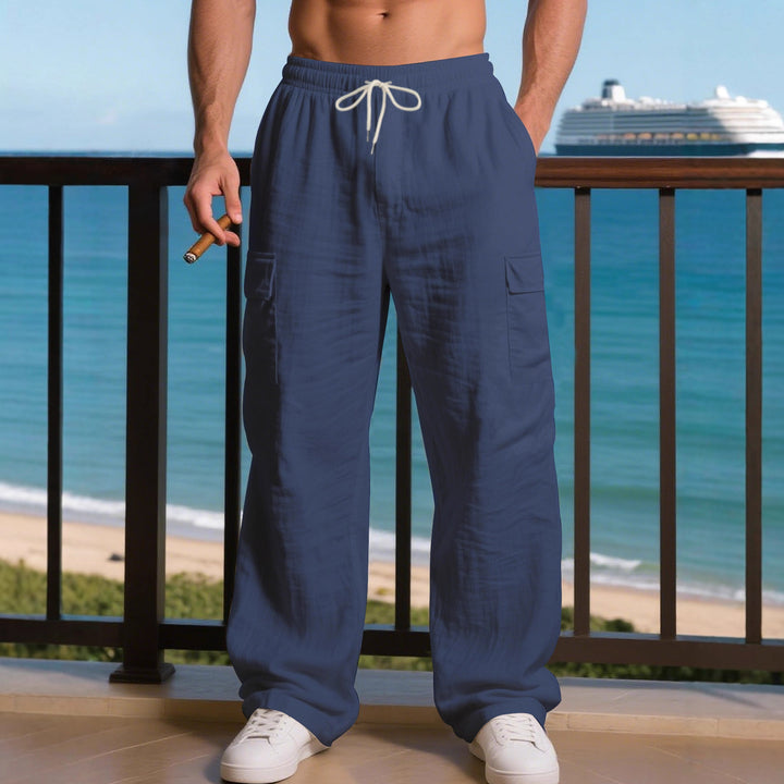 Men's Loose Linen Cargo Casual Pants with Drawstring Waist and Side Patch Pockets Mune Fashion