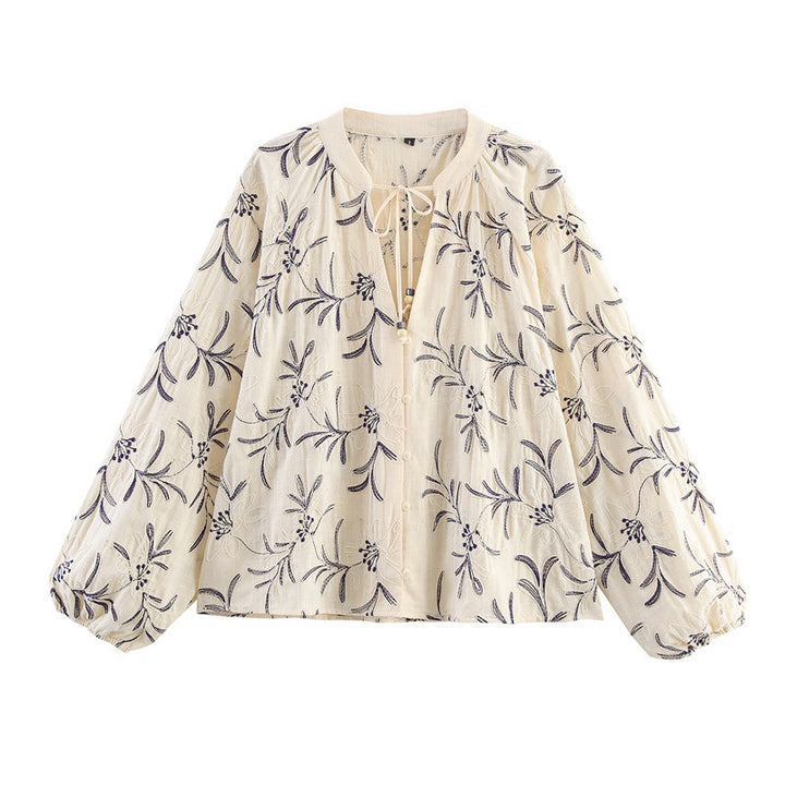 Women's Lightweight Embroidered Blouse Top with Balloon Sleeves and Tie Slit Mune Fashion