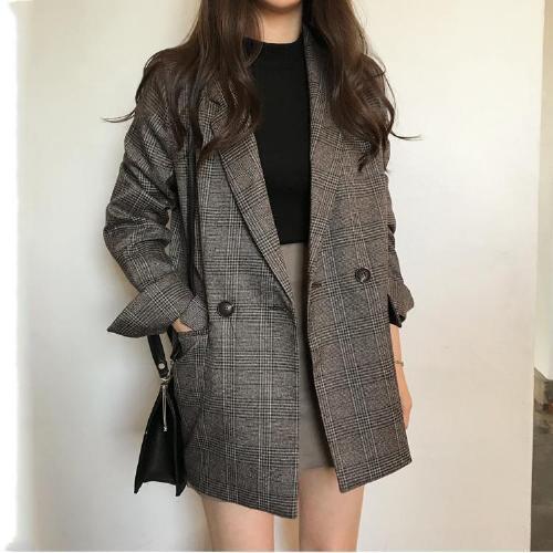 Women's Elegant Checked Blazer with Double Button Placket Mune Fashion