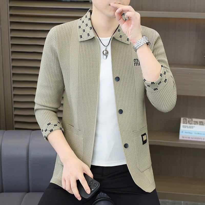 Men's Textured Knit Blazer with Patterned Collar and Button Placket Mune Fashion