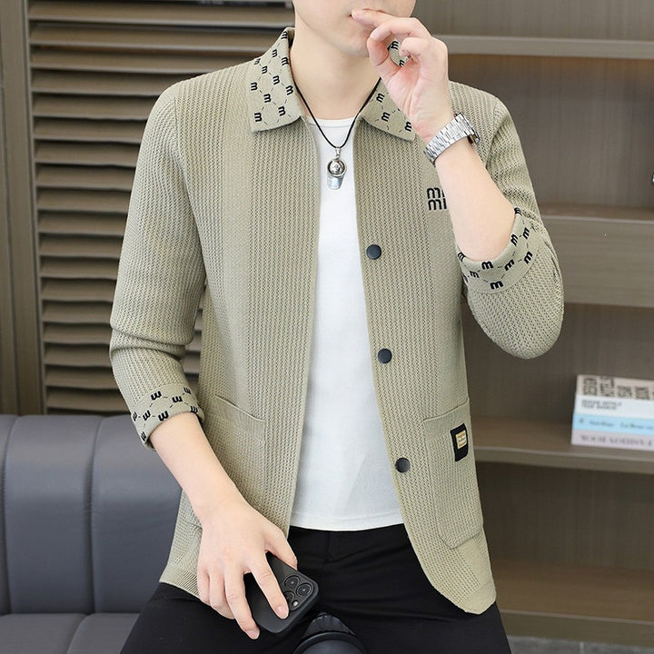 Men's Textured Knit Blazer with Patterned Collar and Button Placket Mune Fashion