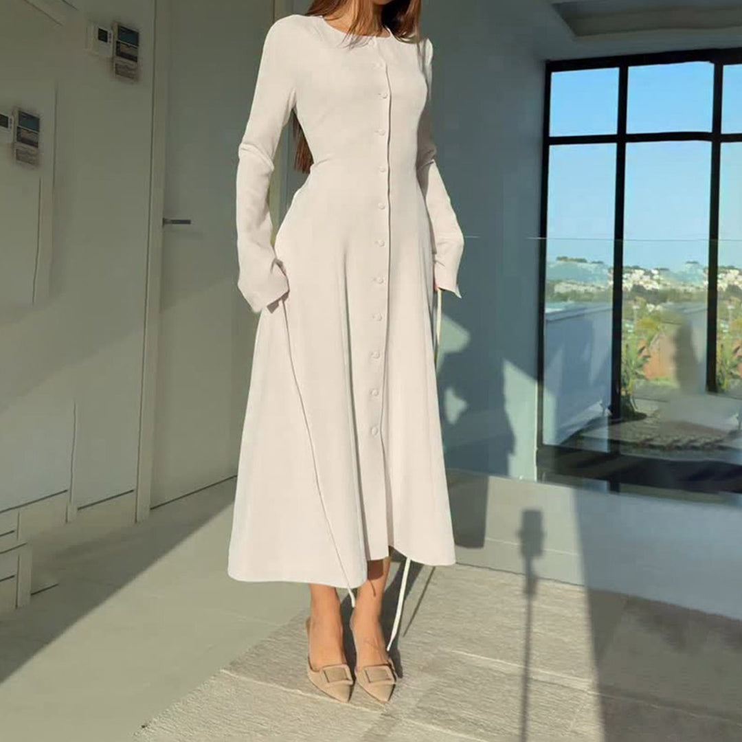 Women's Long Sleeve Midi Dress in A-Line Cut with Continuous Button Placket Mune Fashion