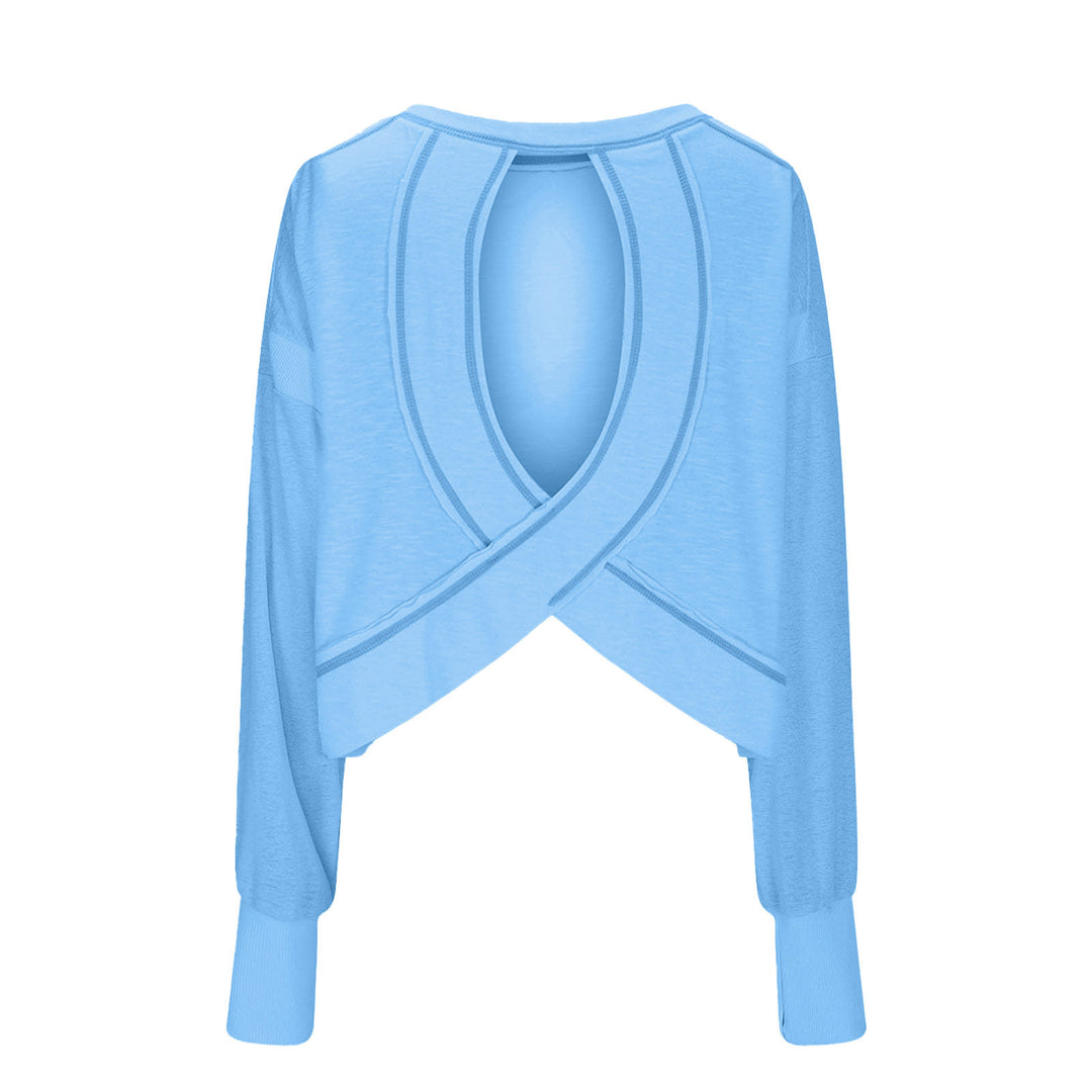 Women's cropped sweatshirt with crossover cut-out back and raw hem edges Mune Fashion