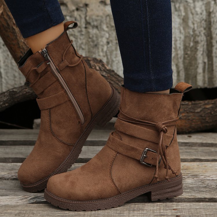 Ladies ankle-high suede-look ankle boots with leopard print pleat, side zipper and decorative buckle Mune Fashion