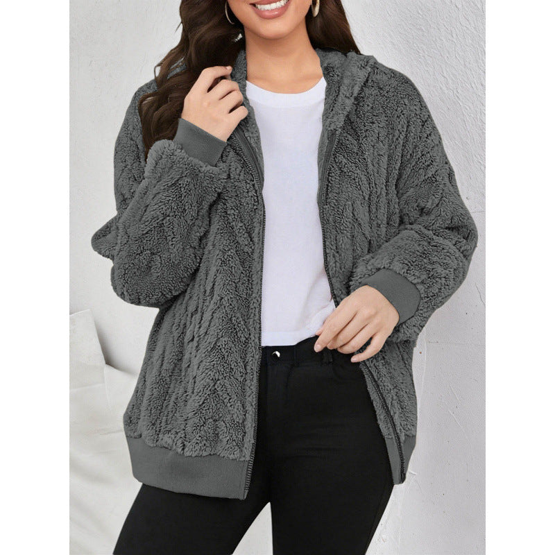 Women's Hooded Teddy Jacket with Zipper, Soft Plush and Elastic Cuff Mune Fashion