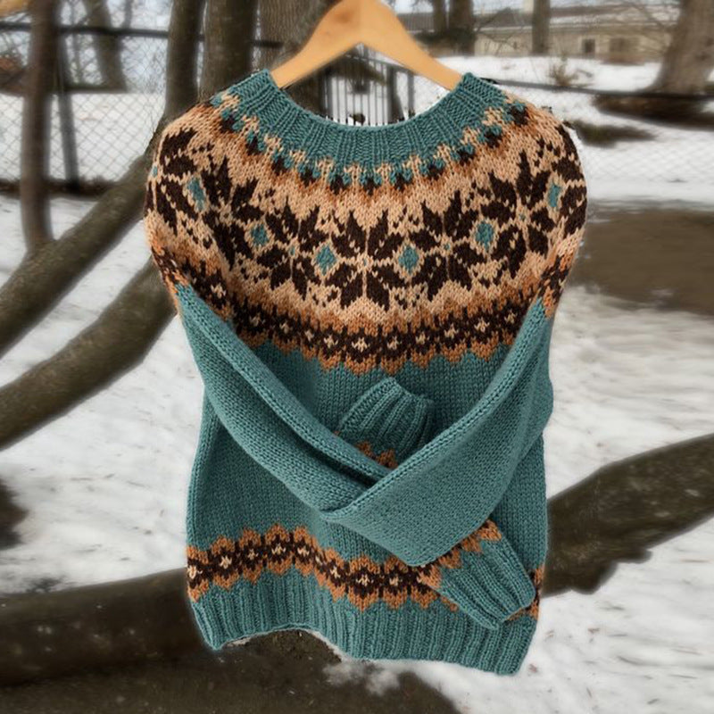 Women's Norwegian sweater made of wool blend with round neck and traditional Fair Isle yoke Mune Fashion