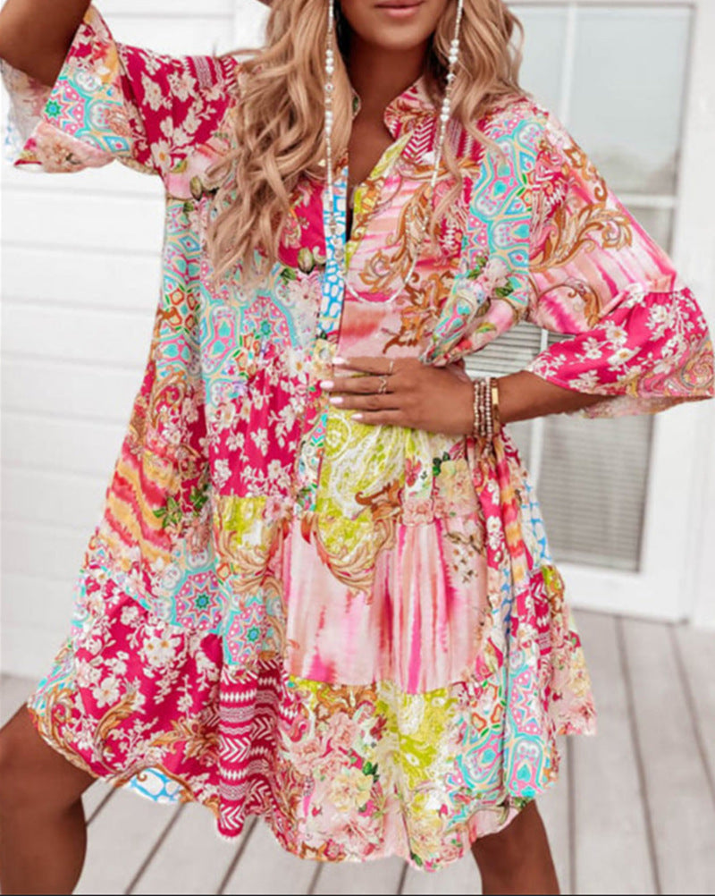 Ladies' airy tiered dress in patchwork boho style with stand collar, gathered waist seam, and three-quarter sleeves Mune Fashion