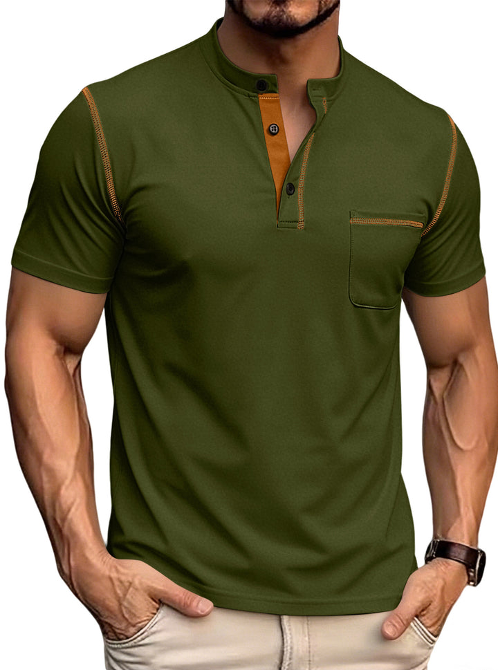 Men's short-sleeved polo shirt with stand-up collar button placket chest pocket made of elastic cotton blend Mune Fashion