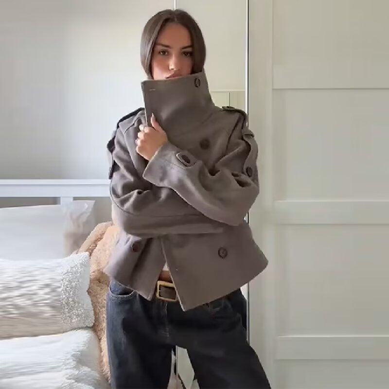 Women's Short Cut Double-Breasted Wool Blend Coat with High Standing Collar and Shoulder Straps Mune Fashion