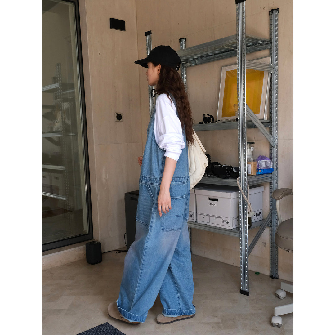 Women's Loose Denim Overalls in Baggy Style with Deep V-Neck and Button Placket Mune Fashion