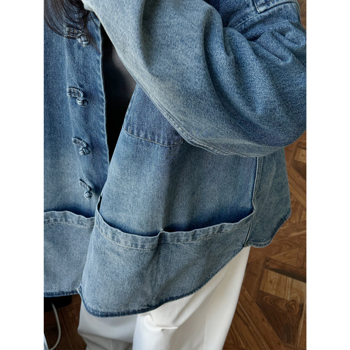Women’s Oversized Utility-Style Denim Jacket with Mandarin Collar and Toggle Fastenings Mune Fashion