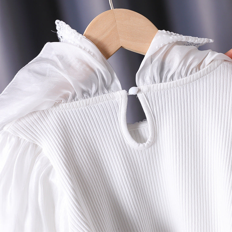 Women elegant blouse with romantic lace collar and ruffle details Mune Fashion