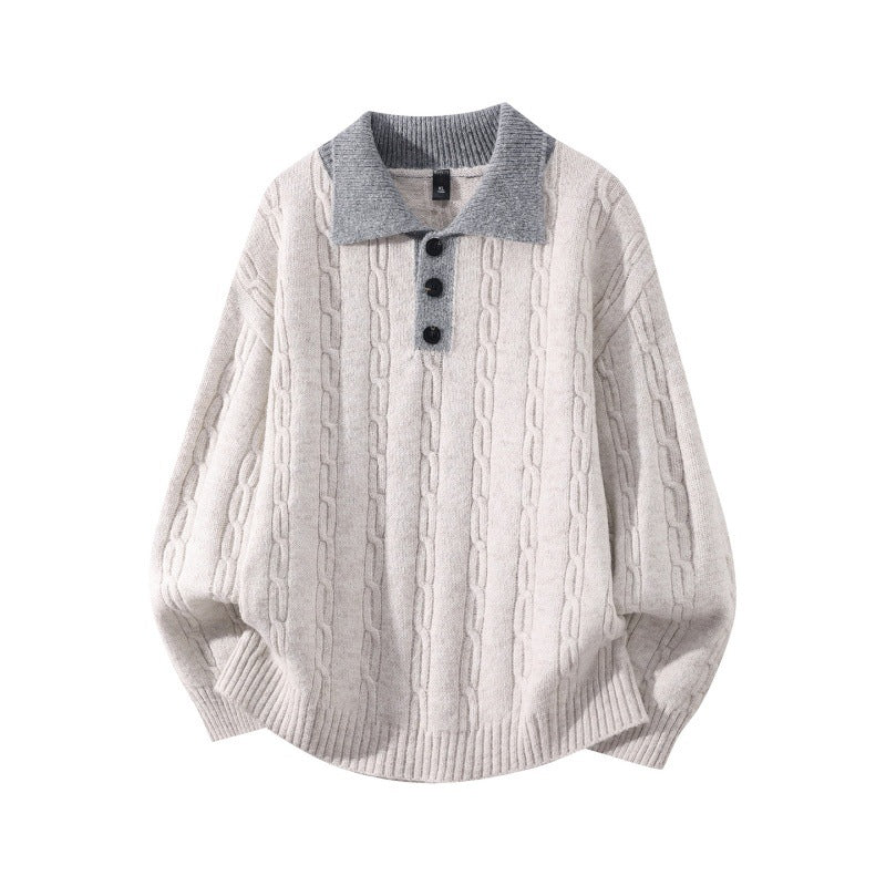 Men's Oversized Cable Knit Polo Sweater with Contrast Collar and Three Button Placket Mune Fashion