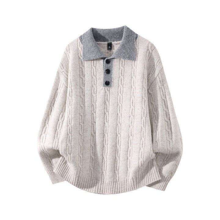 Men's Oversized Cable Knit Polo Sweater with Contrast Collar and Three Button Placket Mune Fashion