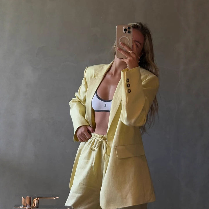 Women's Lightweight Linen Set with Loose-Fitting Blazer and High-Waisted Shorts Mune Fashion