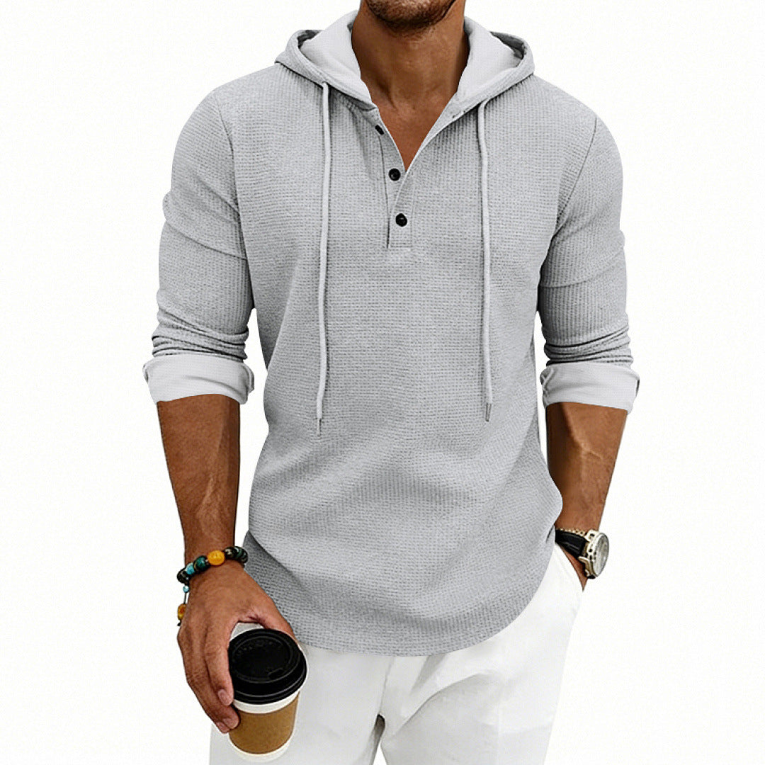 Men's Waffle Knit Henley Hoodie with Button Placket and Hood Mune Fashion